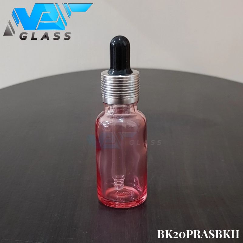 botol kaca pipet 20ml tebal pink clear - ring almunium silver bergaris