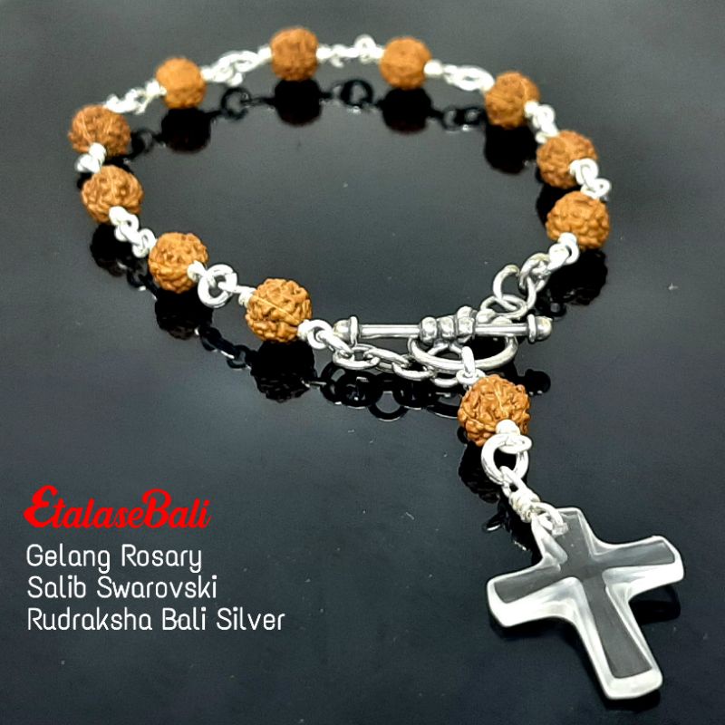 Gelang Salib Rosary Swarovski Rudraksha ASLI Bali Silver 925