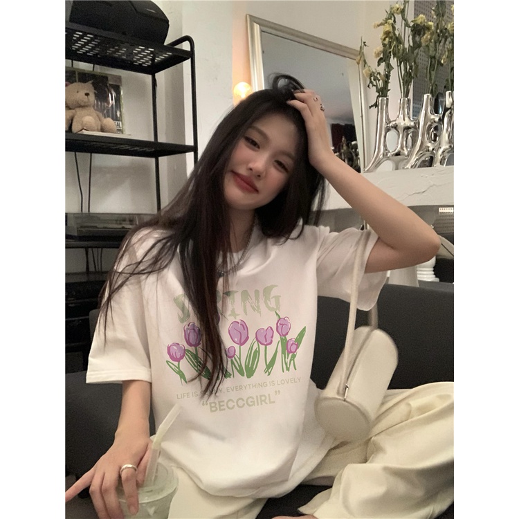 EUNII T-shirt Lengan Pendek Manis Bunga Tulp Pencetakan Longgar Korean Style/Kaos Atasan Wanita/Baju Kaus Oversize Wanita