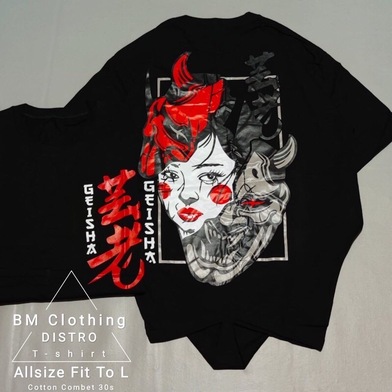 BAJU KAOS T SHIRT DISTRO PRIA WANITA GAMBAR TULISAN BELAKANG TOPENG GEISHA RONIN ONI JEPANG JAPAN XL