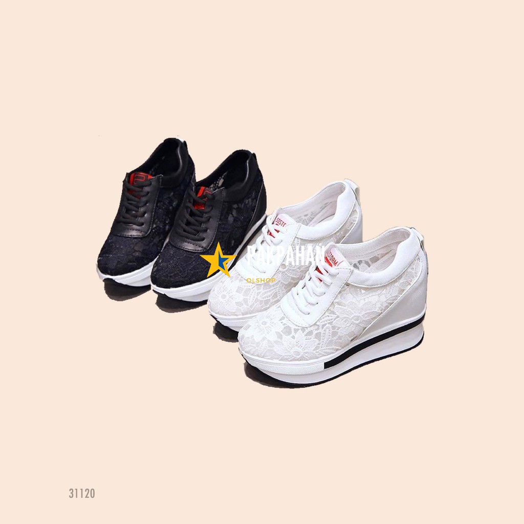 Sepatu Wedges Wanita Bahan Brokat Fashion Korea Tinggi 10cm Warna Putih Dan Hitam