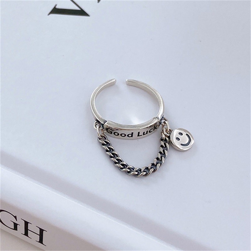 Cincin Rantai Model Terbuka Desain Smiley Face Bahan s925 Silver Gaya Thailand