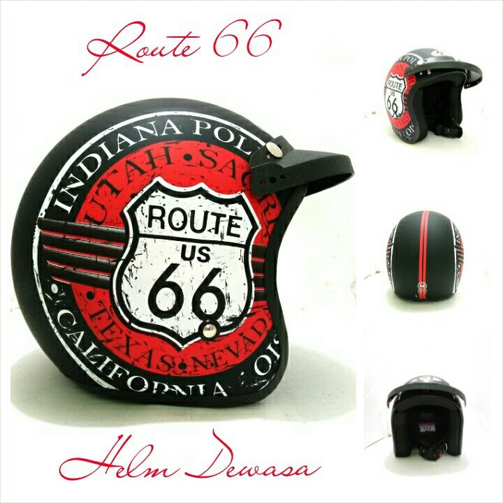 HM-490 Helm Bogo Retro Sni Jpn Route 66 Hitam Merah + Pet Murah