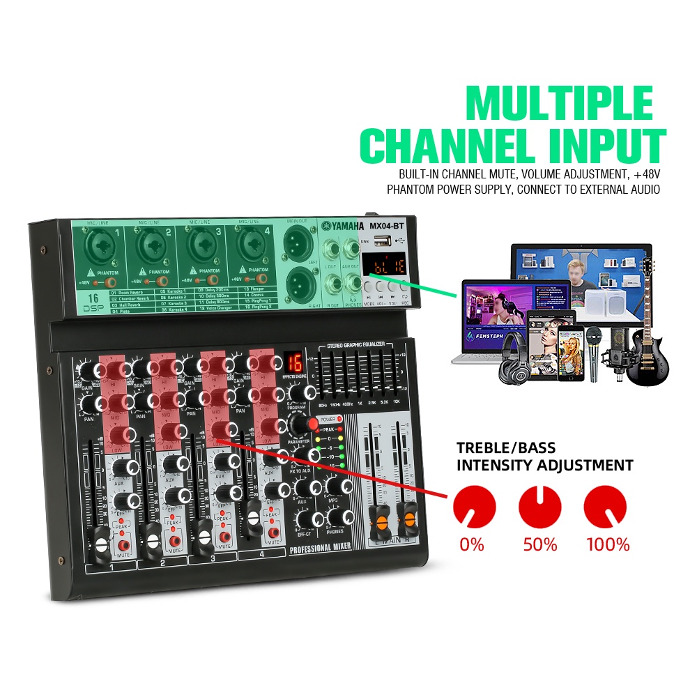 Konsol pencampuran profesional  MX04BT 4 saluran built-in EQ 16DSP Mode pemutaran Bluetooth/USB/PC/MP3 EQ/instrumen perekaman built-in, peralatan mixing, tur peralatan DJ langsung