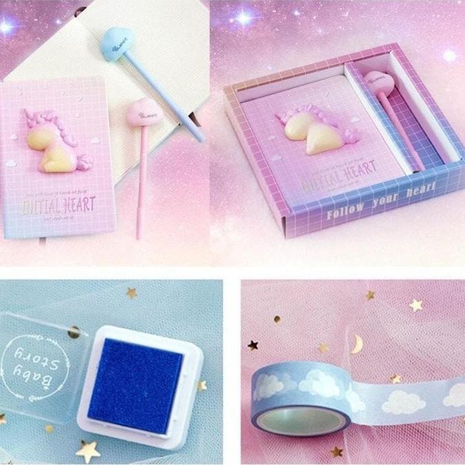 

Set Note Book Unicorn Buku Diary Pony Pen Stempel Kado Unik Lucu - Pulpen Biru