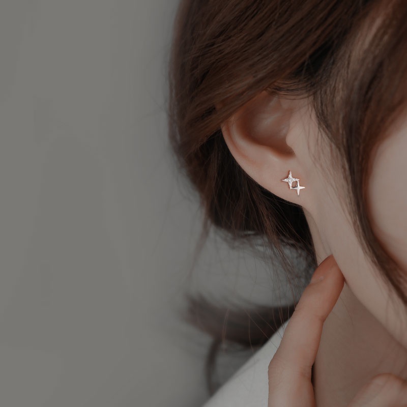 Roselife S925 Perak Bersinar Kristal Salib Double Star Stud Earrings Untuk Wanita Perempuan Korea CZ Telinga Perhiasan 1pasang