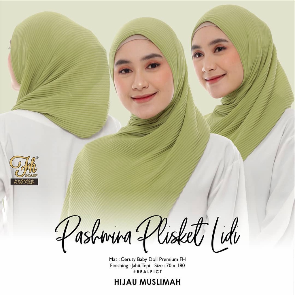 jilbab kerudung pashmina plisket full lidi bahan ceruty babydoll premium warna hijau daun muda / hij