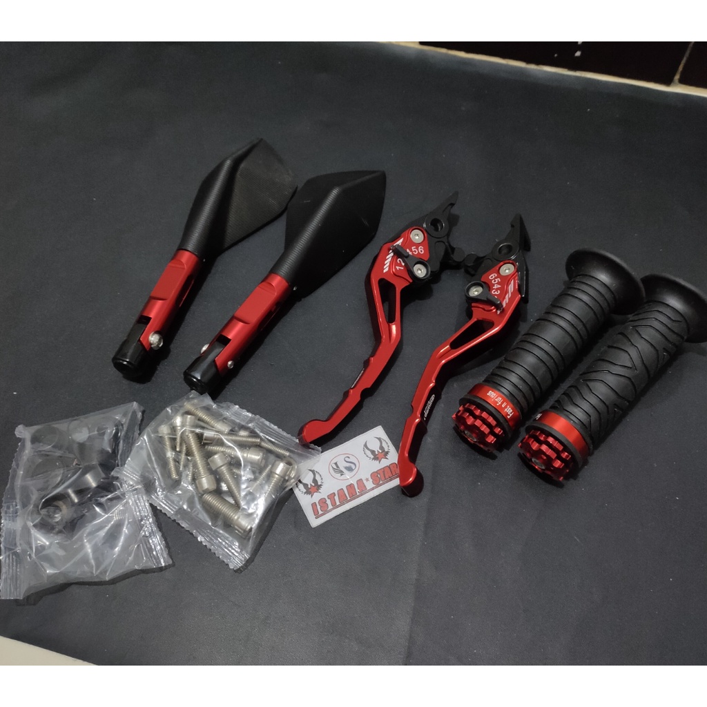 Aksesoris NMAX OLD/NEW Handle REM Variasi Motor FULL CNC NMAX - Merah plus spion tomok plus grip ring