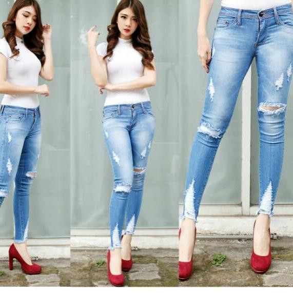 ➴  / CELANA JEANS SOBEK WANITA MOTIF RIPPED JEANS PANJANG CEWEK LEVIS BIRU MUDA ROBEK LUTUT IMPORT ✧