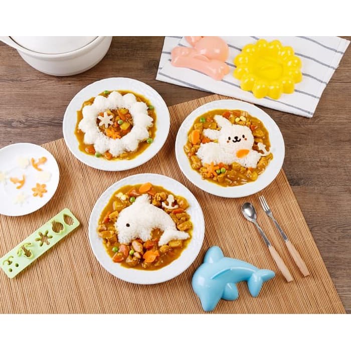 Cetakan Nasi Bento Dan Pudding Motif Dolphin Dan Set Decor 4 in 1