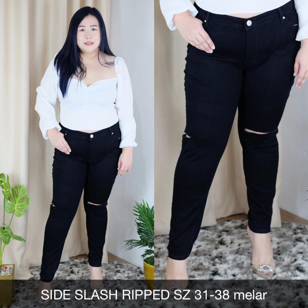 CELANA JEANS JUMBO WANITA JEANS HITAM SIDE SLASH RIPPED