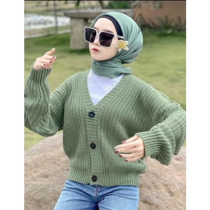 CROP CARDI ELLENA/BAJU WANITA BAHAN RAJUT 7 GATE/OVER SIZE TANGAN PANJANG MOTIP KANCING