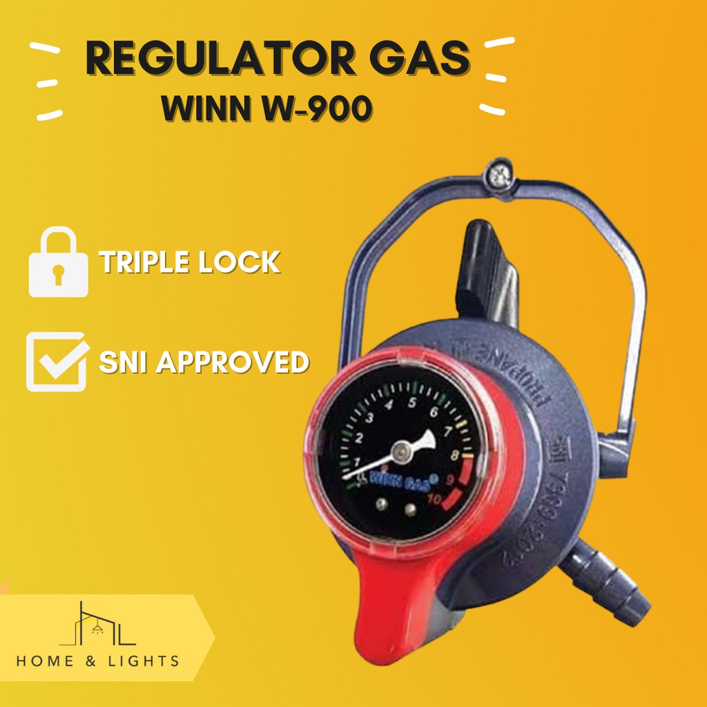 WINN Regulator Gas W900M Triple Lock - Regulator Gas dengan Triple Lock Pengunci Ganda &amp; Karet Seal Pengaman, Hemat Gas, Mudah Dipasang, Lulus SNI, Pilihan Paket Regulator + Selang