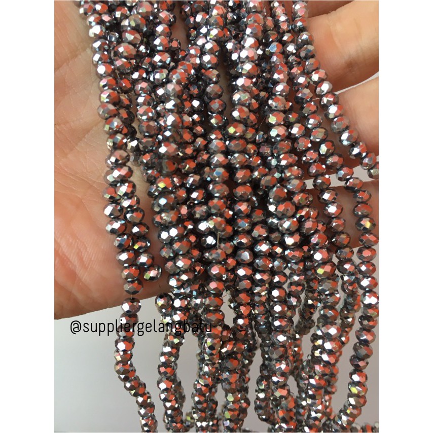 Kristal Ceko kilap 4mm silver perak metalik beads manik donat rondel supplier craft kerajinan grosir