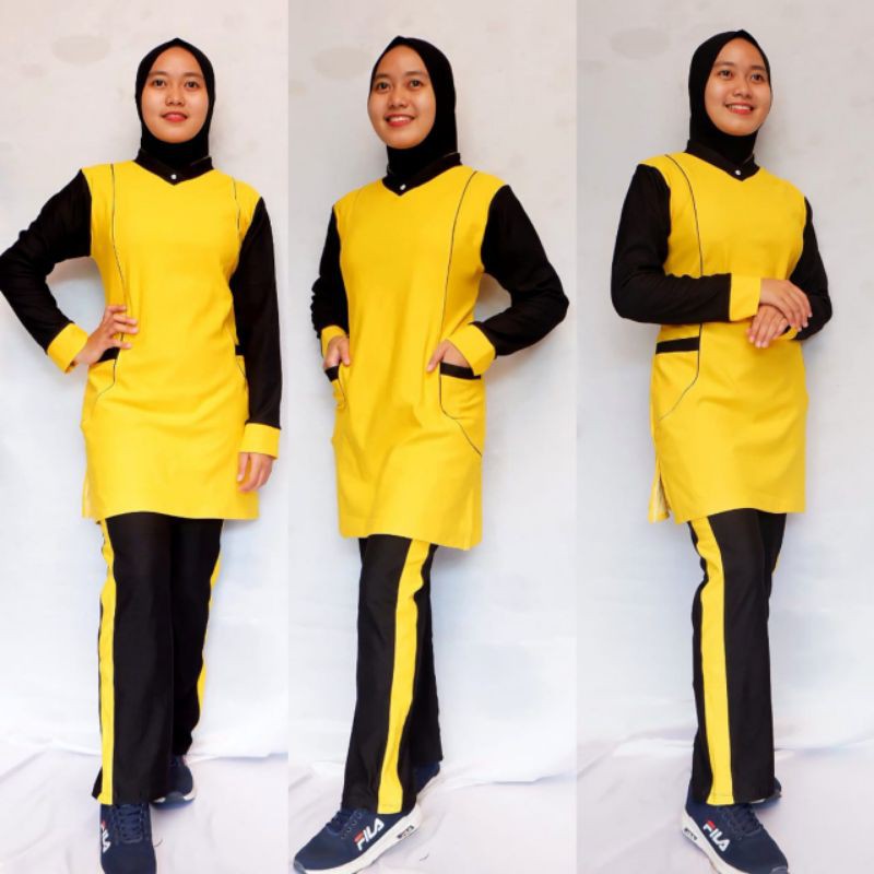 baju senam wanita terbaru setelan muslimah kuning bahan denim spandex katun