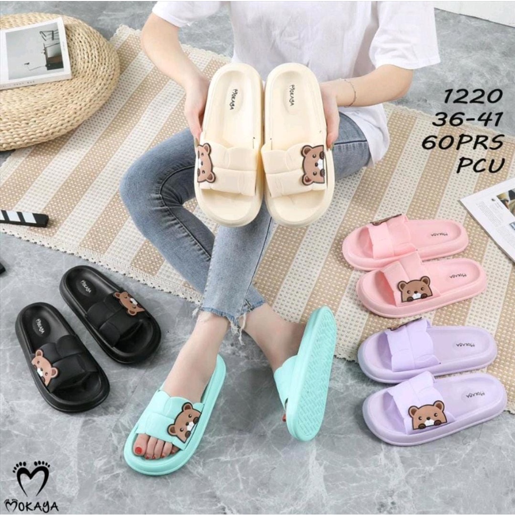 Sandal Slop Jelly Wanita Ban Polos Garis Bear Samping Simple Cute Kekinian Import Mokaya / Size 36-41 (1220)