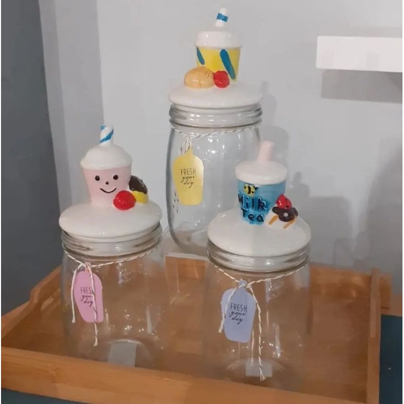 stoples kue bahan kaca lucu motif set 3pcs / stoples informa sale / toples kue lebaran kue kering