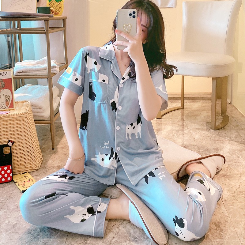 BAJU TIDUR PIYAMA SET KEMEJA CP LENGAN PENDEK CELANA PANJANG IMPORT PREMIUM BANYAK MOTIF-French Dog