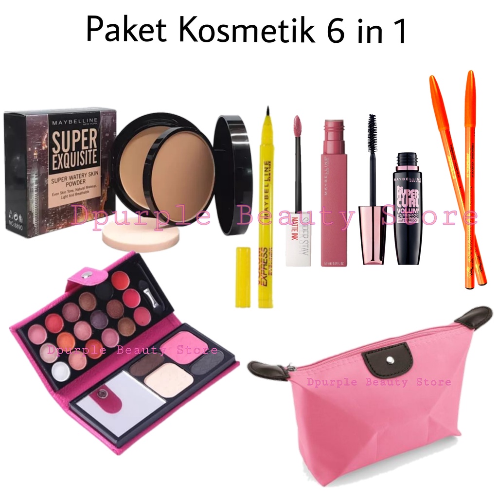 Paket Kosmetik Maybelline Super Hemat Lengkap 10 In 1 - Bedak Tabur - Bedak Padat &amp; Basah - Fondation - Concealer - Contour - Eyeshadow Dompet - Maskara - Eyeliner - Lipcream - Pensil Alis - Beauty Blender - Tas Kosmetik Pouch