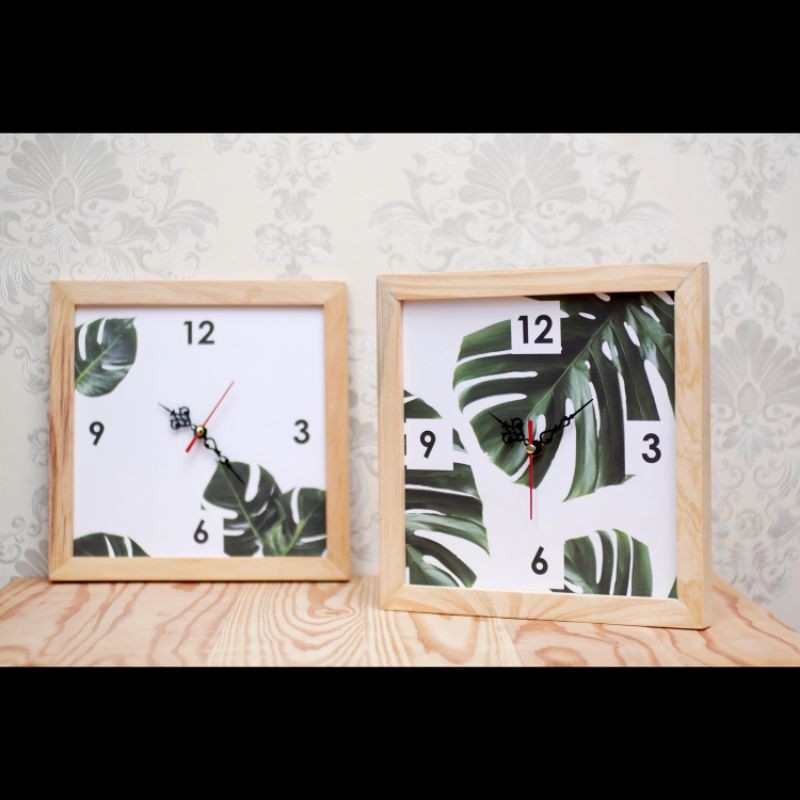 Jam Kayu / Jam Dinding Kayu / Hiasan Dinding / Kayu Jati Belanda / Monstera / Jam Minimalis