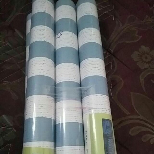 Grosir Murah Wallpaper Sticker Dinding Ruang Indah Bagus Modern Elegan Garis Putih Biru Bintang