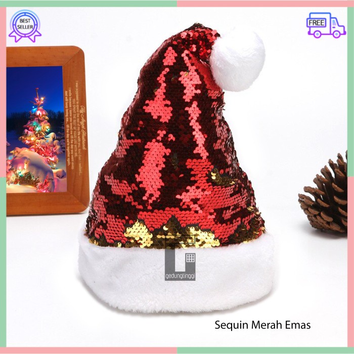 Topi Aksesoris Aksesories Asesoris Asesories Acesories Accesories Accessories Tema Pesta Acara Natal Merry Christmas Xmas Party Hat Anak Dewasa Pria Wanita Unsex Motif Santa Claus Sequin Payet Reversible Bolak Balik Dua Warna Merah Hijau Emas Gold Allsize