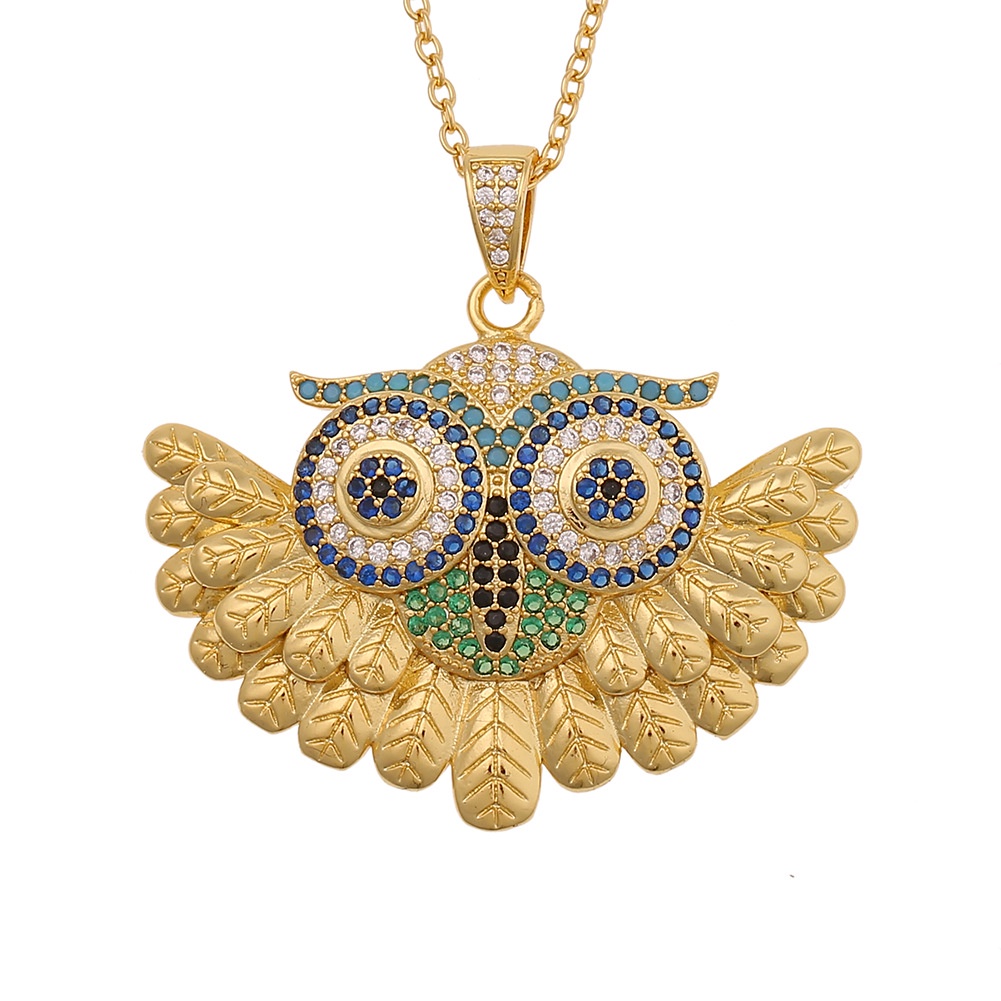 Ornamen aksesoris tembaga warna zircon owl bulu liontin kreatif daun kalung untuk wanita