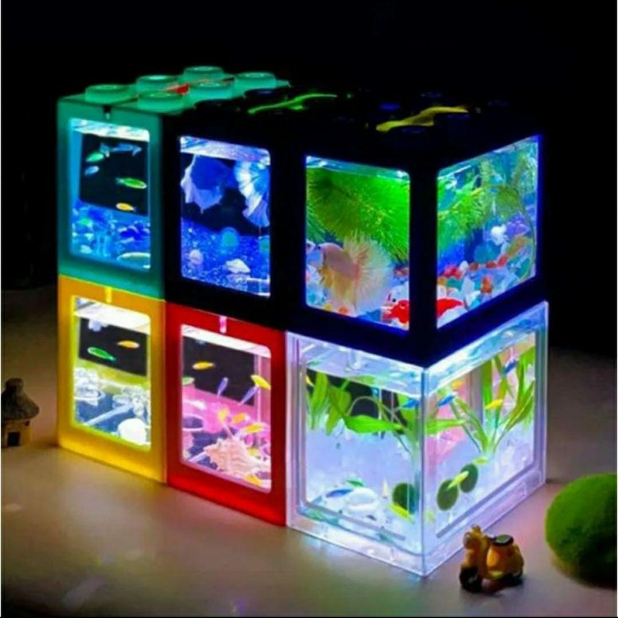 Lampu  + Aquarium Akuarium Ikan Cupang Aquarium Mini Acrylic Lego USB LED Colour