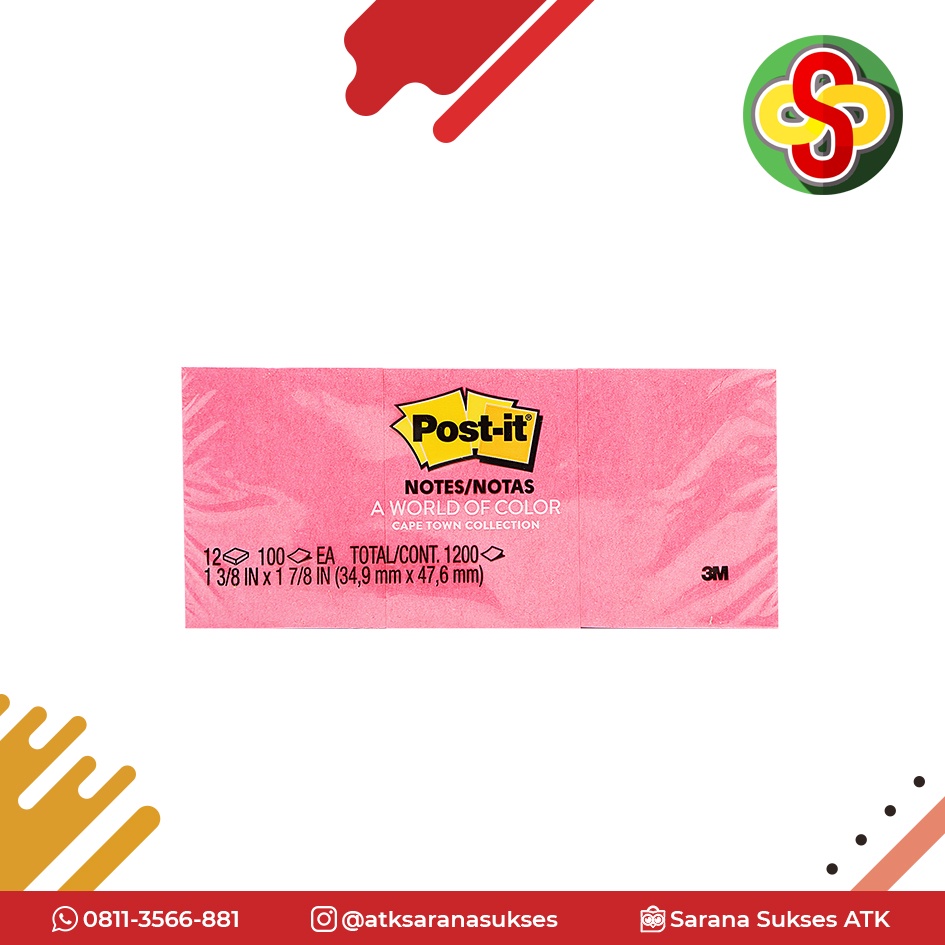 Sticky Note / Kertas Memo Post-it 3M 653AN 4 Warna Isi 12 pcs