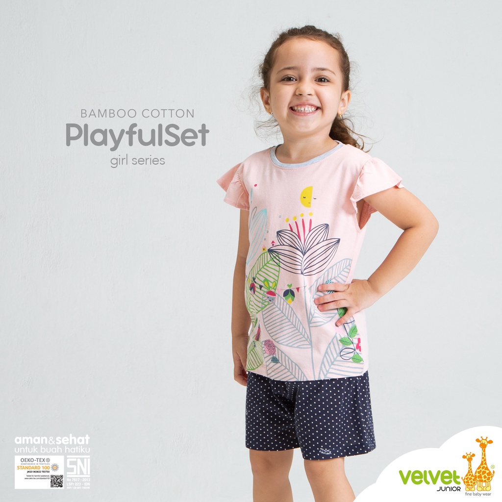 Velvet Junior Setelan Kaos Anak Perempuan - Bamboo Cotton Girls Ruffle Tees &amp; Shorts Set / Ruffle T shirt &amp; Celana Pendek