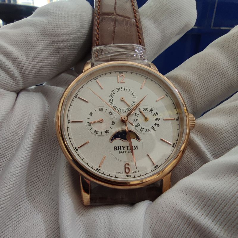 Jam Tangan rhythm Original Fitur tanggal Hari jarum Moon phase Kaca Sapphire Anti gores