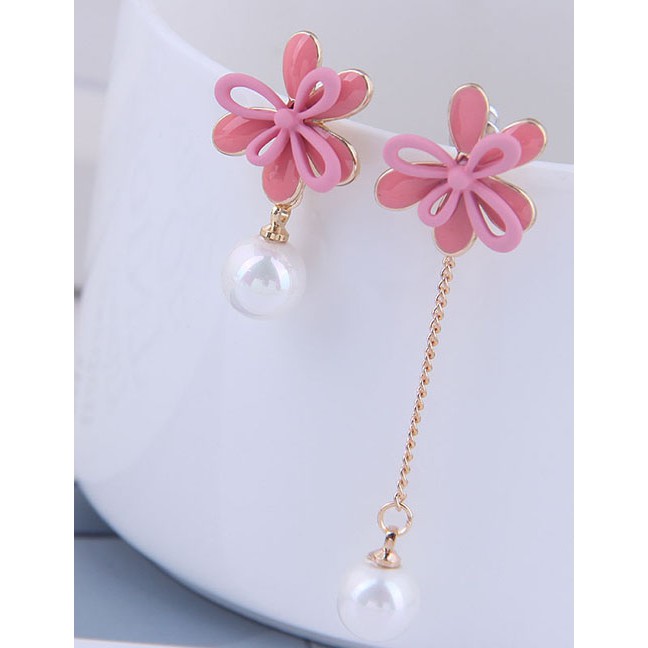 LRC Anting Tusuk Fashion Blue Flower Pearl Asymmetric Stud Earrings A60200