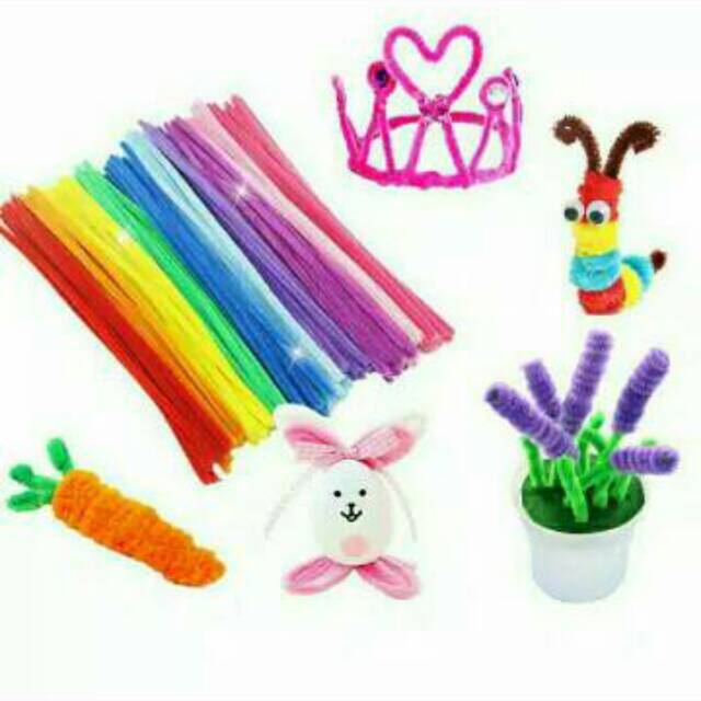 Mainan DIY Pipe Cleaner/ Kawat Bulu Pom Pom 16pcs Kreasi Anak Lucu Murah/ Bahan KTK Sekolah