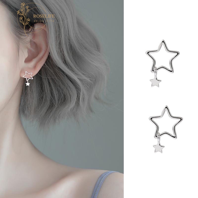 Roselife Simple Fashion S925 Circle Star Stud Earrings for Women Girls Ear Jewelry 1 Pair