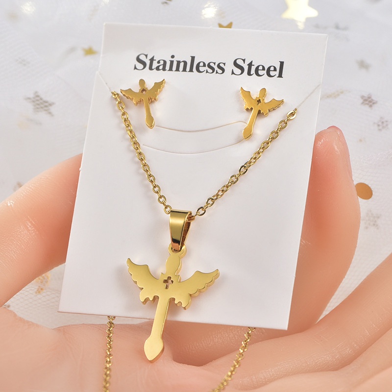 Set Kalung Dan Anting Bahan Stainless Steel Gaya Eropa Dan Amerika Untuk Wanita