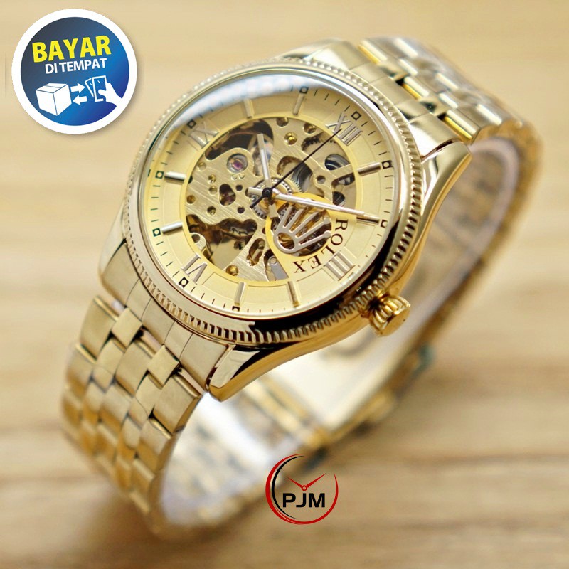 Rolex Automatic New Model GOLD | Emas | FULL GOLD Jam Pria Skeleton Transparan Otomatis Matic Besar