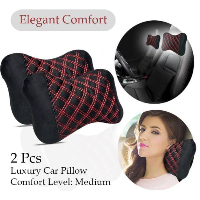 Bantal Mobil Comfort 2pcs motif jahit benang merah bahan kain empuk