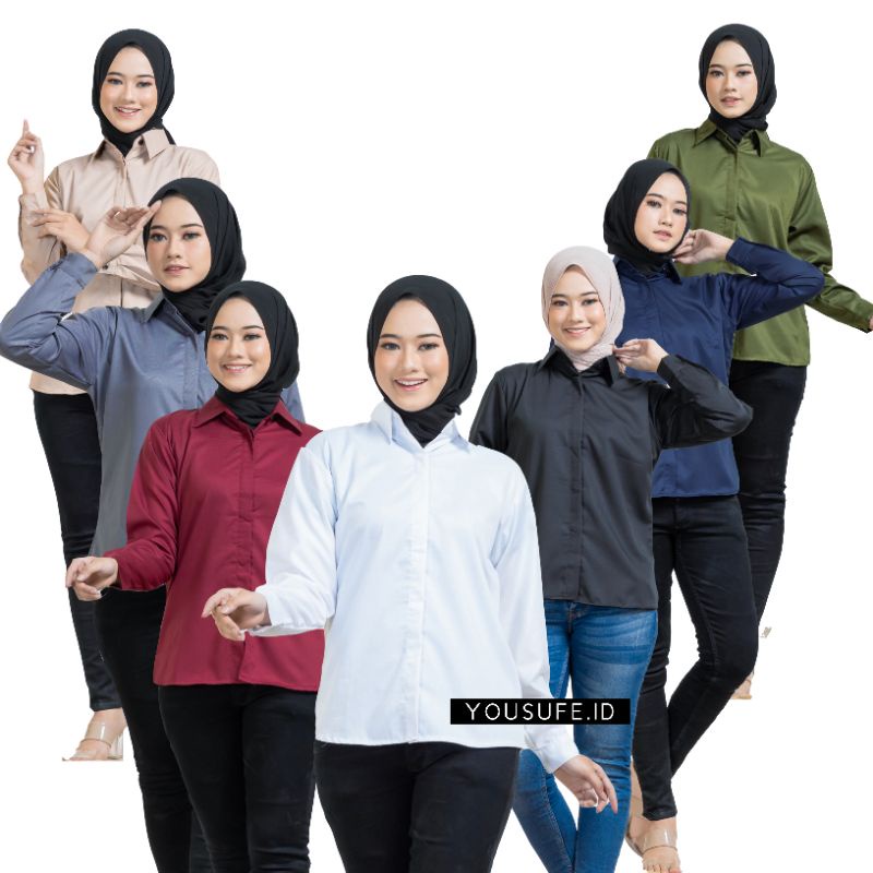 Baju Atasan Kemeja Kemeja Basic Putih Wanita Cewek Lengan Panjang Atasan Polos Wanita Maroon Army Navy Nude Grey M L XL Banyak Warna