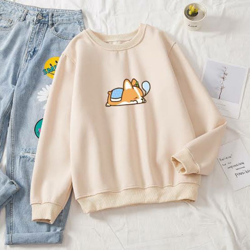 S - XXXXXL(6XL) Sweater Cute LAZY CORGI Dog Shiba Inu BIGSIZE CrewNeck Cartoon OVERSIZE Wanita Pria Jumbo 5XL 4XL XXL XXL XL