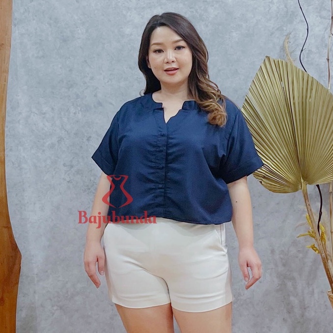 KEMEJA WANITA JUMBO BIG SIZE POLOS LENGAN PENDEK BAJUBUNDA VIA-NAVY