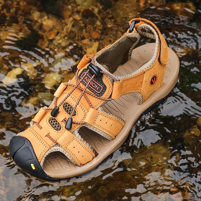 COD Sandal Gunung MTB Sendal Pria Gunung Hiking Touring Cowok Waterproof Kulit Asli Outdoor Tahan Air Handmade 011