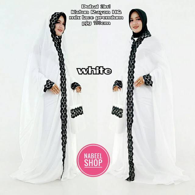 Mukena dubai terusan abaya terbaru renda prada katun rayon mix lace premium modern elegan putih