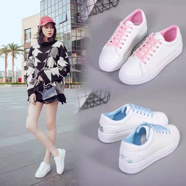 Sepatu Sneakers wanita model tali fashion motif kucing