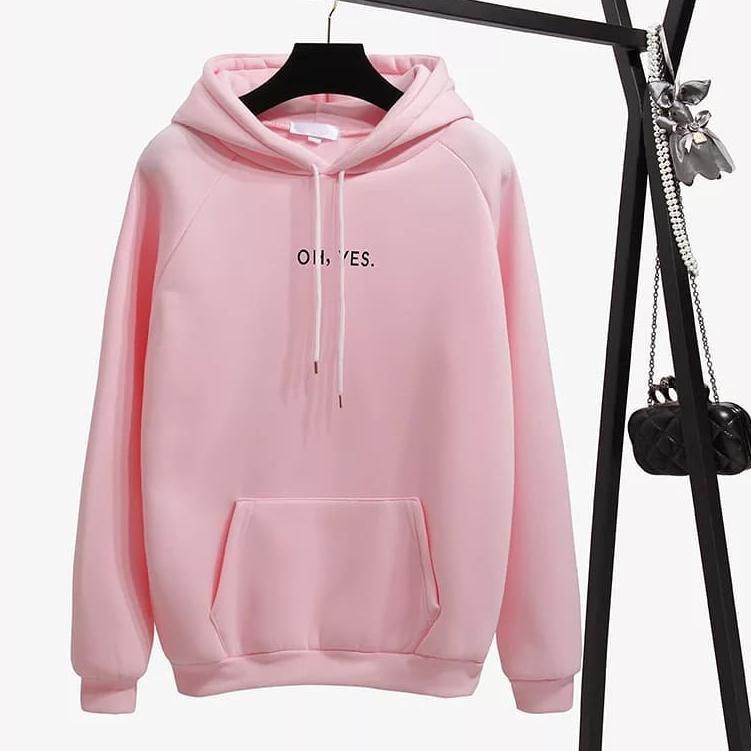 (BISA COD) SWEATER HOODIE WANITA OH YES FIT L | FASHION WANITA | KOREAN STYLE M-L-XL-Oh yes Pink