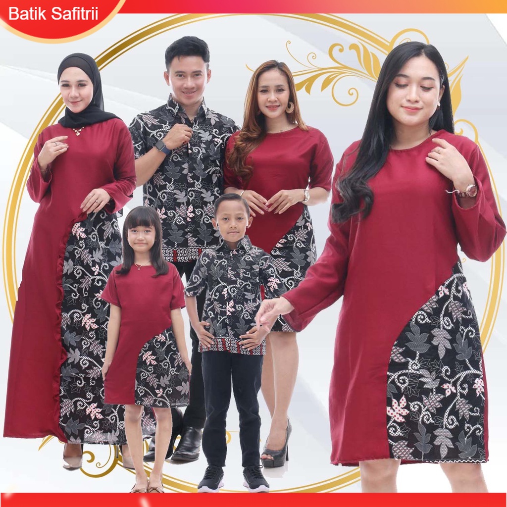 Couple Keluarga - Batik Keluarga Muslim Kombinasi - Ibu Bapak Anak - Motif Moscrep Merah Marun - Dre