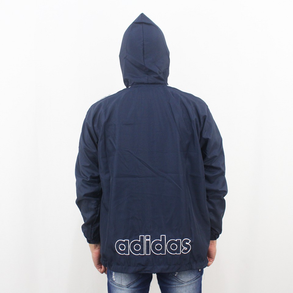 JAKET PARASUT ADIDAS WINDBREAKER NAVY LIST PUTIH - JAKET OLAH RAGA JUMBO XL XXL -  HOODIE PRIA