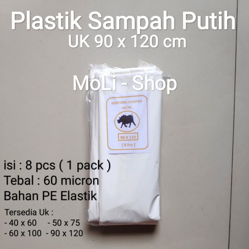 kantong Plastik Sampah Putih uk 90x120 (8pcs) / 60x100 (15pcs) / 50x75 (20pcs) / 40x60 (20 pcs), trashbag/trash bag putihputih, kantong sampah putih, kantong Sampah Putih