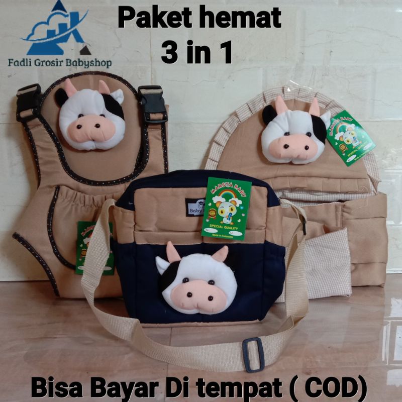 Paket Hemat ( 3 in 1 ) Tas Bayi Boneka Sapi Gendongan Bayi Boneka Sapi Dan Gendongan Bayi Depan Ransel