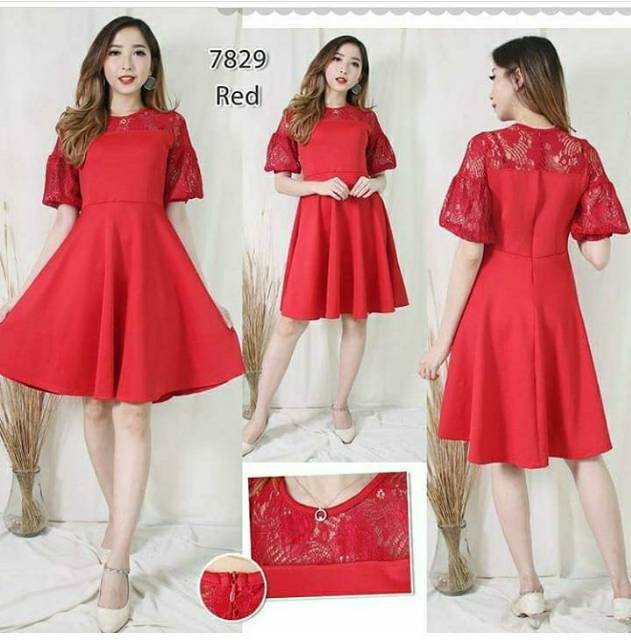 Dress Casual scuba mix brukat khusus dress merah cocok utk dress pesta Ken-076