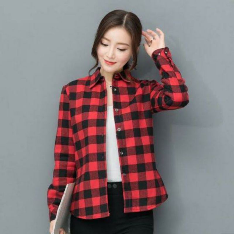 FSF KEMEJA WANITA CASUAL JUMBO LENGAN PANJANG KATUN FLANEL IMPORT KOREA POLOS KOTAK KOTAK OVERSIZE B